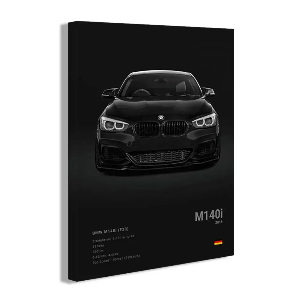 Black bmw m140i 2016 canvas art print with sleek glossy finish and white text wall art print by decorbites luxury car