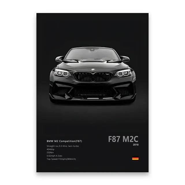 Black bmw m2 competition f87 art print with sleek glossy finish and bold grille for luxury wall art print decor
