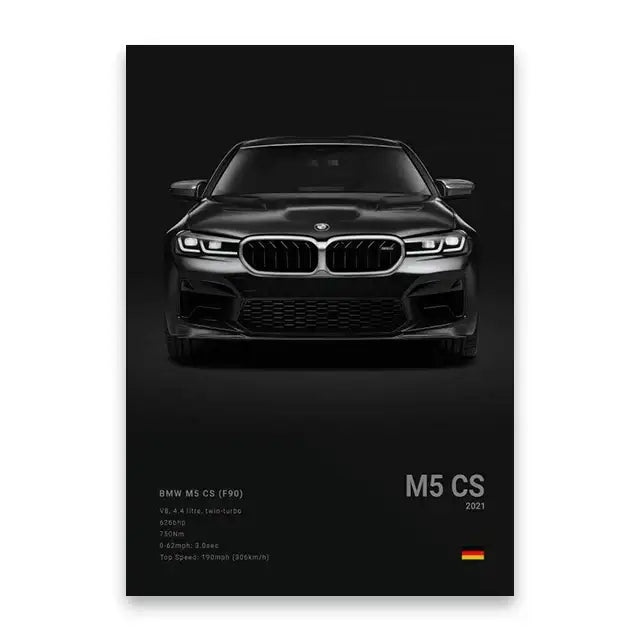 Black BMW M5 CS 2021 front grille and headlights featured in DecorBites™ luxury car canvas wall art print