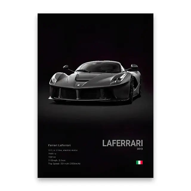 Black ferrari laferrari 2013 art print featuring sleek aerodynamic design and iconic prancing horse emblem wall art print