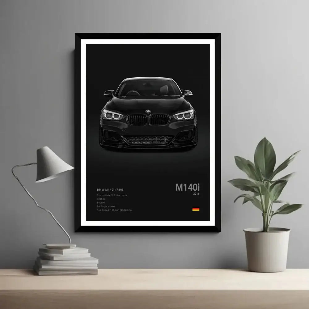 Black framed decorbites™ luxury car canvas wall art print featuring a sleek glossy black bmw m140i in monochrome with german flag
