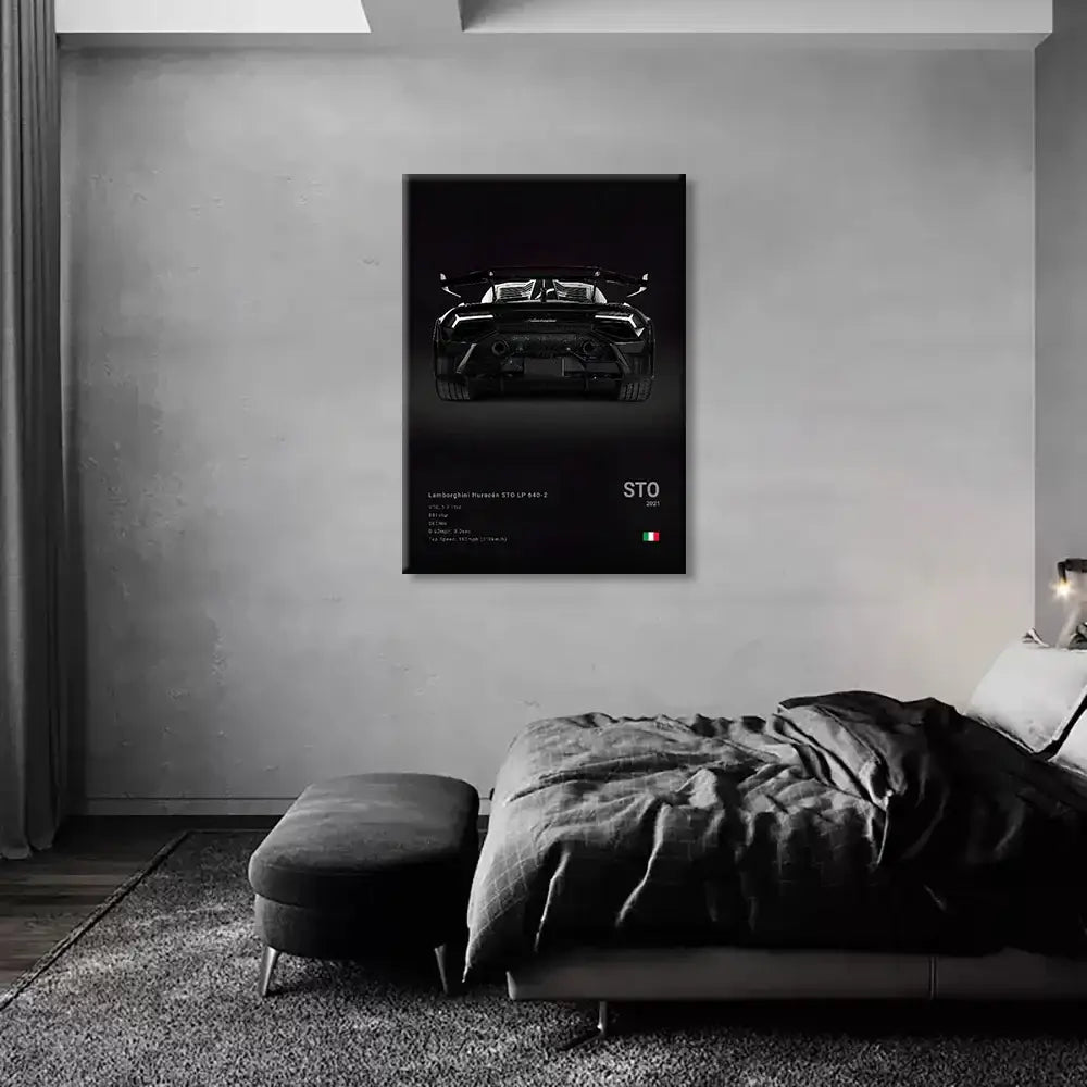Black framed wall art print featuring a high-contrast monochrome rear view illustration of lamborghini huracán sto 2017
