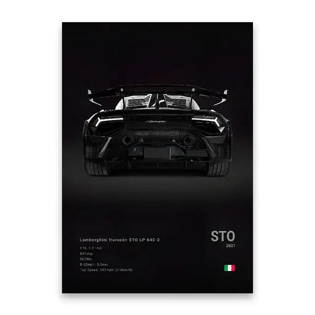 Black lamborghini huracán sto lp 640-2 rear view art print featuring sleek air intakes and carbon fiber diffuser wall art print