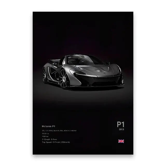Black mclaren p1 luxury car canvas wall art print with sleek aerodynamic design and carbon fiber accents for decorbites