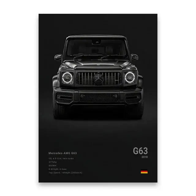 Black mercedes-amg g63 2018 with matte finish and aggressive grille in decorbites luxury car wall art print