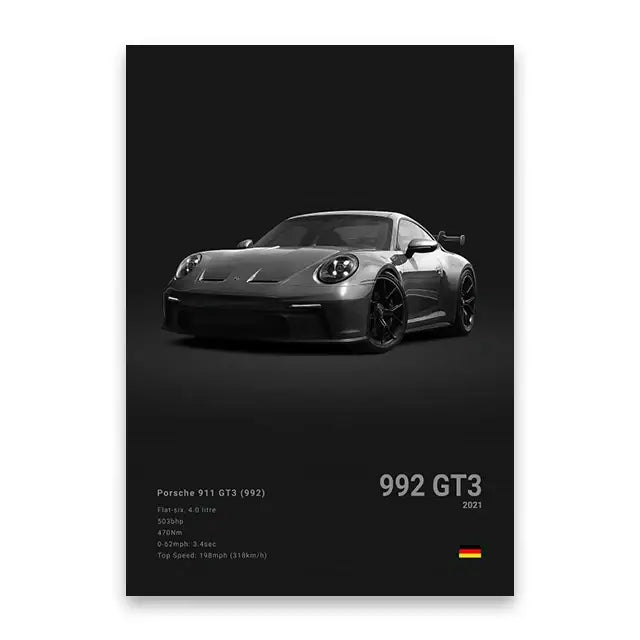 Black porsche 911 gt3 992 matte finish sports car wall art print from decorbites luxury car canvas art print