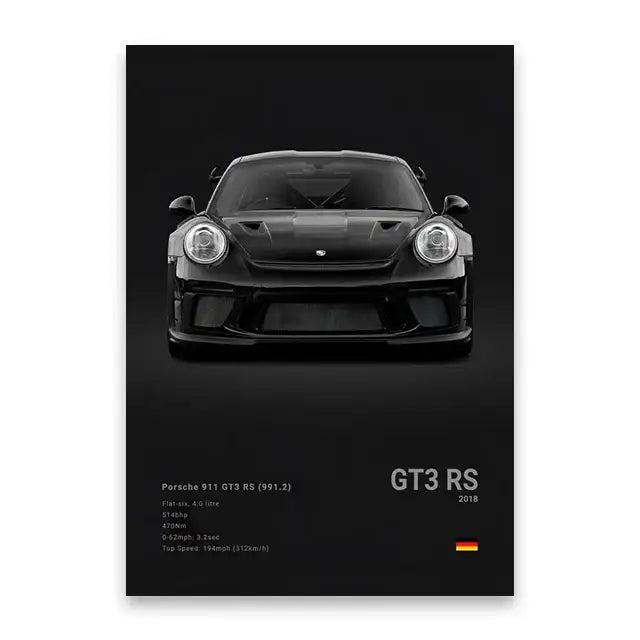 Black Porsche 911 GT3 RS art print featuring sleek sports car with round headlights for luxury wall art print DecorBites™