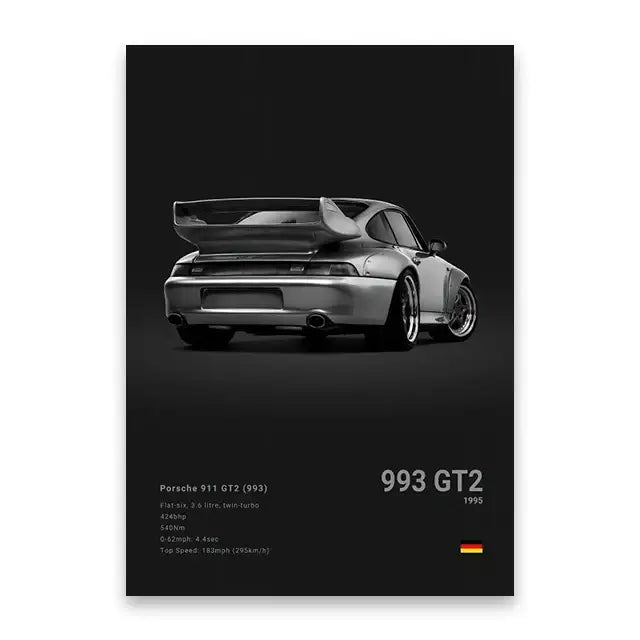 Black and white art print of silver porsche 911 gt2 993 with raised spoiler against dark background wall art print