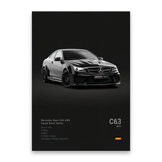 Decorbites™ luxury car canvas wall art print featuring a black mercedes-benz c63 amg coupe with sleek aerodynamic design