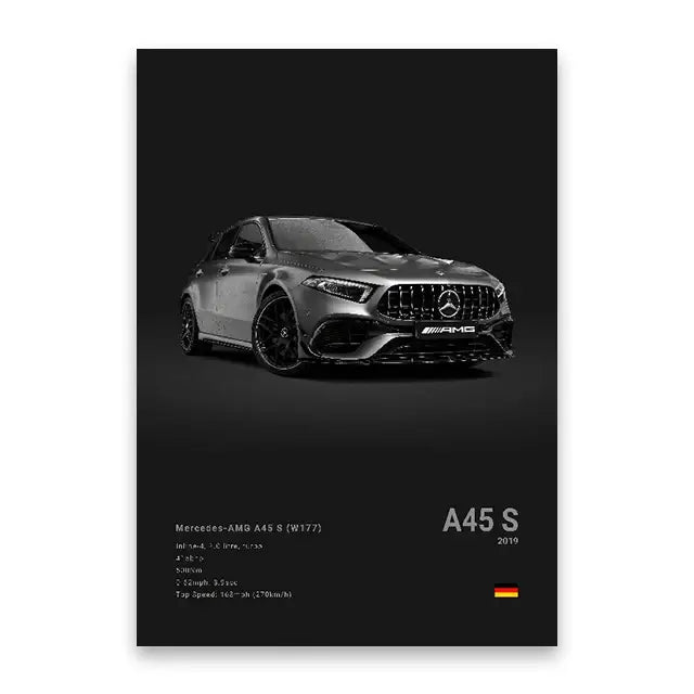 Silver Mercedes-AMG A45 S sports car wall art print by DecorBites™ luxury car canvas art print