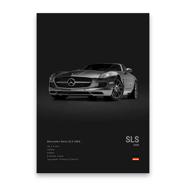 Silver mercedes-benz sls amg sports car wall art print featuring sleek gull-wing doors for luxury car decorbites™ art print