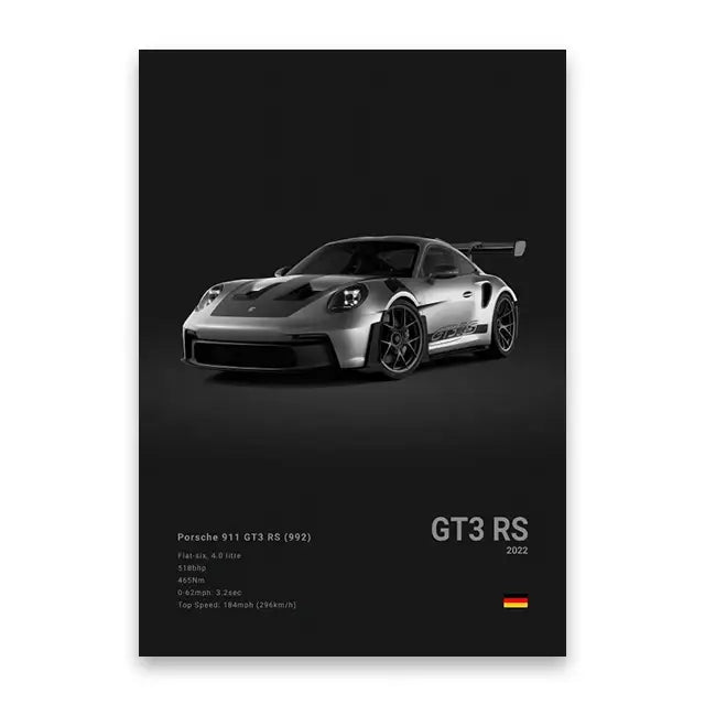 Silver porsche 911 gt3 rs sports car wall art print with black racing stripes and performance specs by DecorBites™