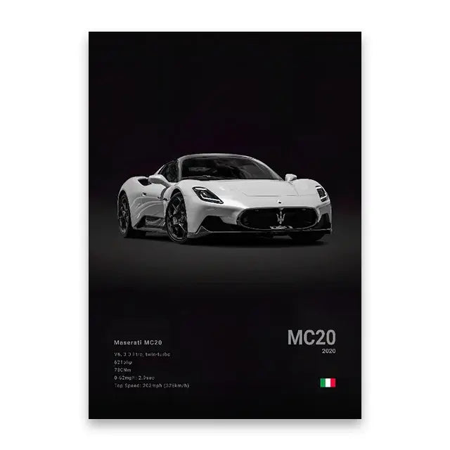 White Maserati MC20 sports car wall art print featuring sleek aerodynamic design and black alloy wheels by DecorBites™