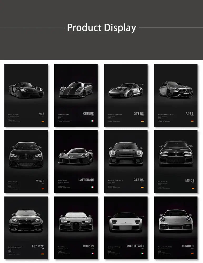 Black-and-white luxury sports cars canvas wall art featuring porsche 918 pagani cinque and ferrari laferrari by decorbites