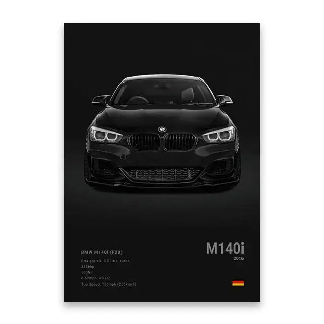 Black bmw m140i canvas wall art with sleek glossy finish and iconic kidney grille for luxury wall art decor