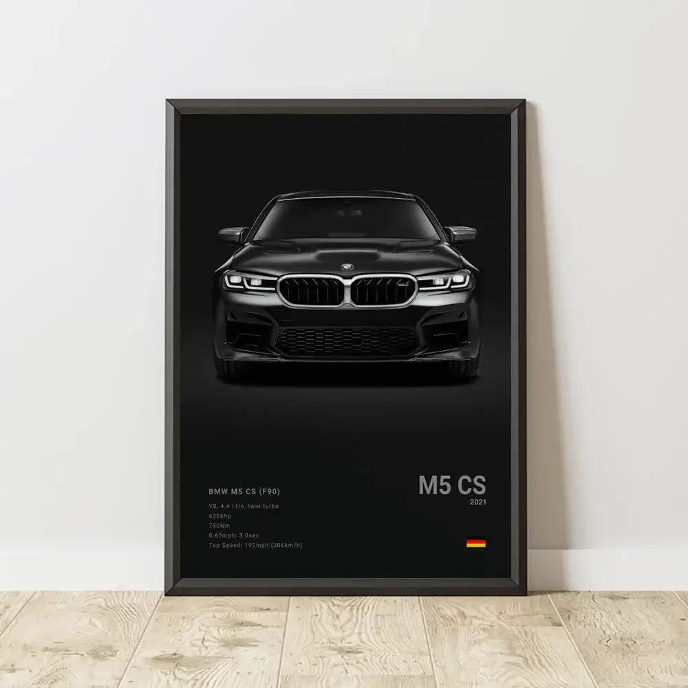 Black framed canvas wall art featuring matte bmw m5 cs 2021 with signature kidney grille for luxury decor