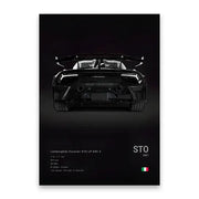 Black lamborghini huracán sto lp 640-2 rear view canvas wall art print featuring carbon fiber diffuser and air intakes