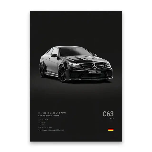 Black mercedes-benz c63 amg coupe black series canvas wall art print featuring sleek glossy finish and aerodynamic design