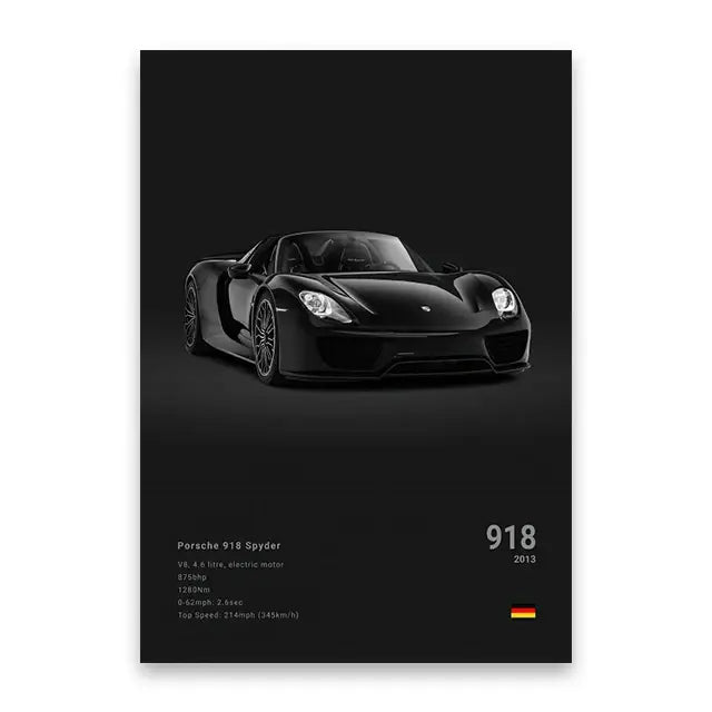Black porsche 918 spyder sleek aerodynamic design canvas wall art print from DecorBites™ luxury car collection