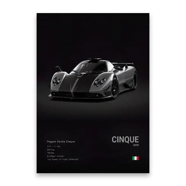 Black and silver pagani zonda cinque sports car canvas wall art print by decorbites luxury car wall art mural