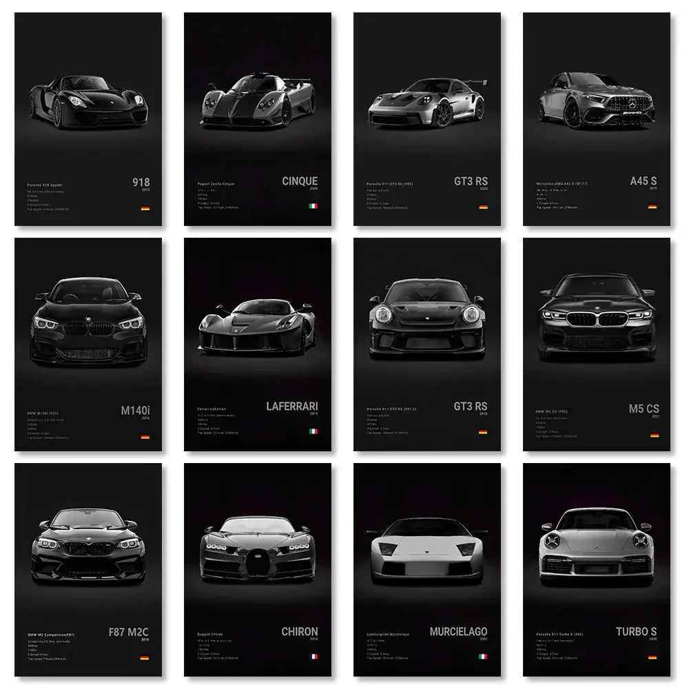 Set of twelve black-and-white luxury sports car canvas wall art prints featuring porsche 918 pagani huayra cinque and ferrari laferrari