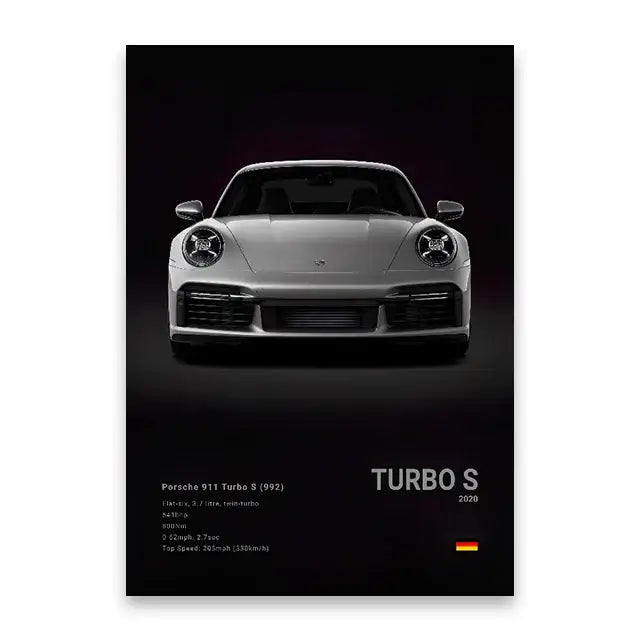 Silver porsche 911 turbo s wall art canvas wall art with sleek design and bold typography by decorbites luxury car canvas wall