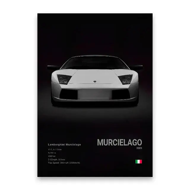 White lamborghini murcielago 2001 sleek sports car featured on decorbites™ luxury car canvas wall art print mural