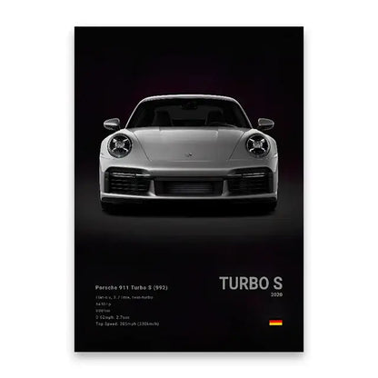 Silver porsche 911 turbo s poster wall art with sleek design and technical specs on luxury cars canvas wall art print
