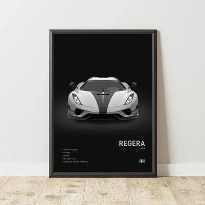 Black-framed canvas wall art featuring a monochrome 2018 koenigsegg regera with silver and black racing stripes for modern decor