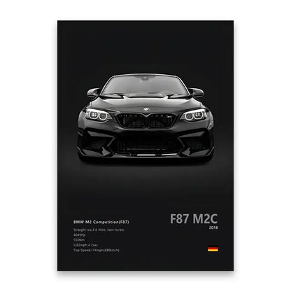 Decorbites luxury cars canvas wall art print featuring a sleek black bmw m2 competition with glossy finish and bold grille