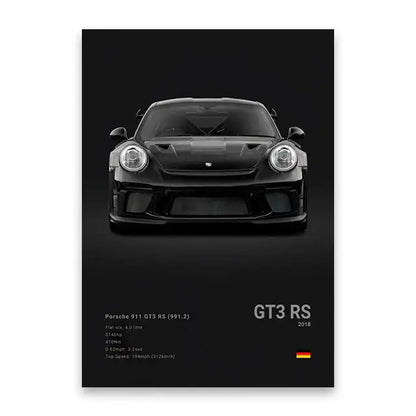 Black porsche 911 gt3 rs canvas wall art print showcasing a sleek sports car design for modern home decor wall art