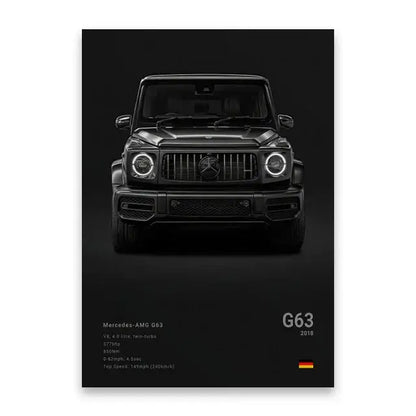Decorbites luxury cars canvas wall art featuring a black 2018 mercedes-amg g63 with matte finish and aggressive grille