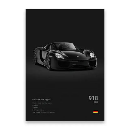 Decorbites™ luxury cars canvas wall art print featuring black porsche 918 spyder with sleek aerodynamic design and glossy finish