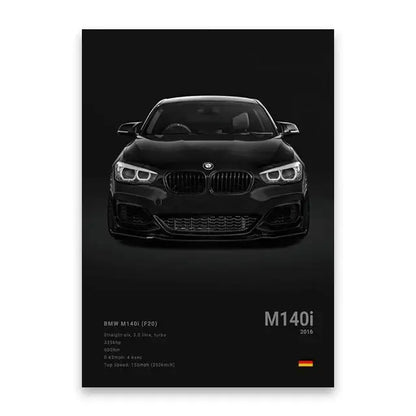 Black bmw m140i car poster with sleek glossy finish and kidney grille featured in decorbites™ luxury cars canvas wall art print