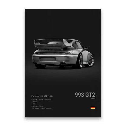 Black and white silver porsche 911 gt2 993 wall art print with raised rear spoiler on dark background for modern decor