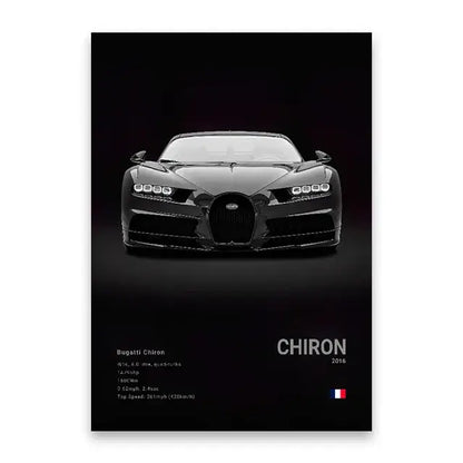 Black-and-white 2016 bugatti chiron cars canvas wall art print featuring sleek aerodynamic design for modern decor