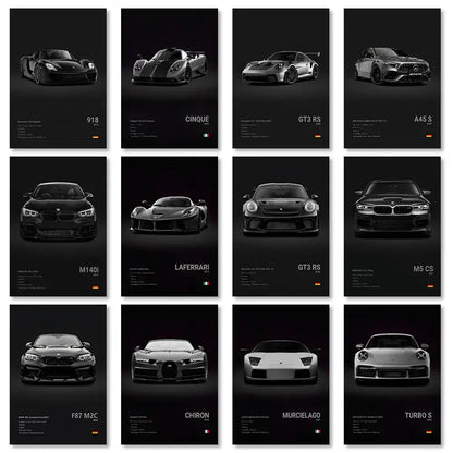 Set of twelve black-and-white luxury cars canvas wall art featuring porsche 918 pagani huayra cinque and ferrari laferrari models