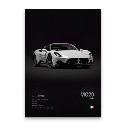 White Maserati MC20 sports car canvas wall art print featuring sleek aerodynamic design and black alloy wheels