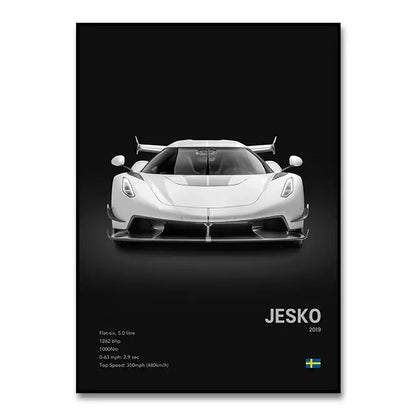 White koenigsegg jesko hypercar canvas wall art print with technical specs on black background for modern home decor