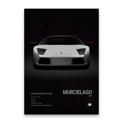 Decorbites luxury cars canvas wall art print featuring a white lamborghini murcielago 2001 sports car art print