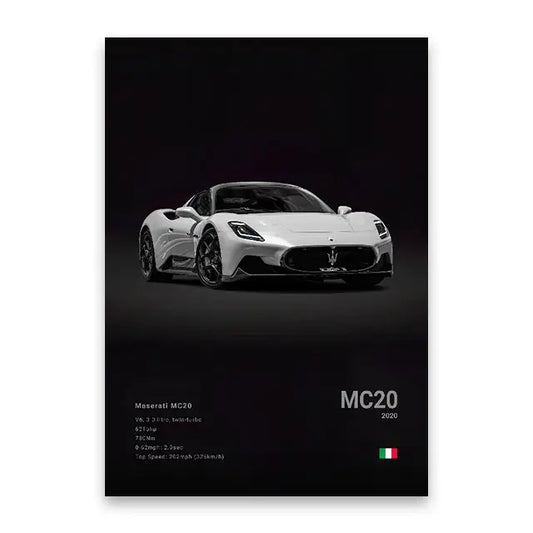White maserati mc20 sports car canvas wall art featuring sleek aerodynamic design and black alloy wheels for modern decor