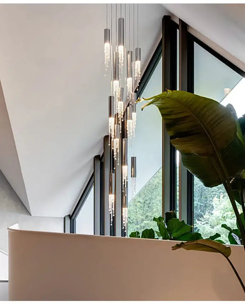 Modern decorbites™ luxury chrome crystal led chandelier with sleek silver fixtures and cascading crystal droplets for staircase