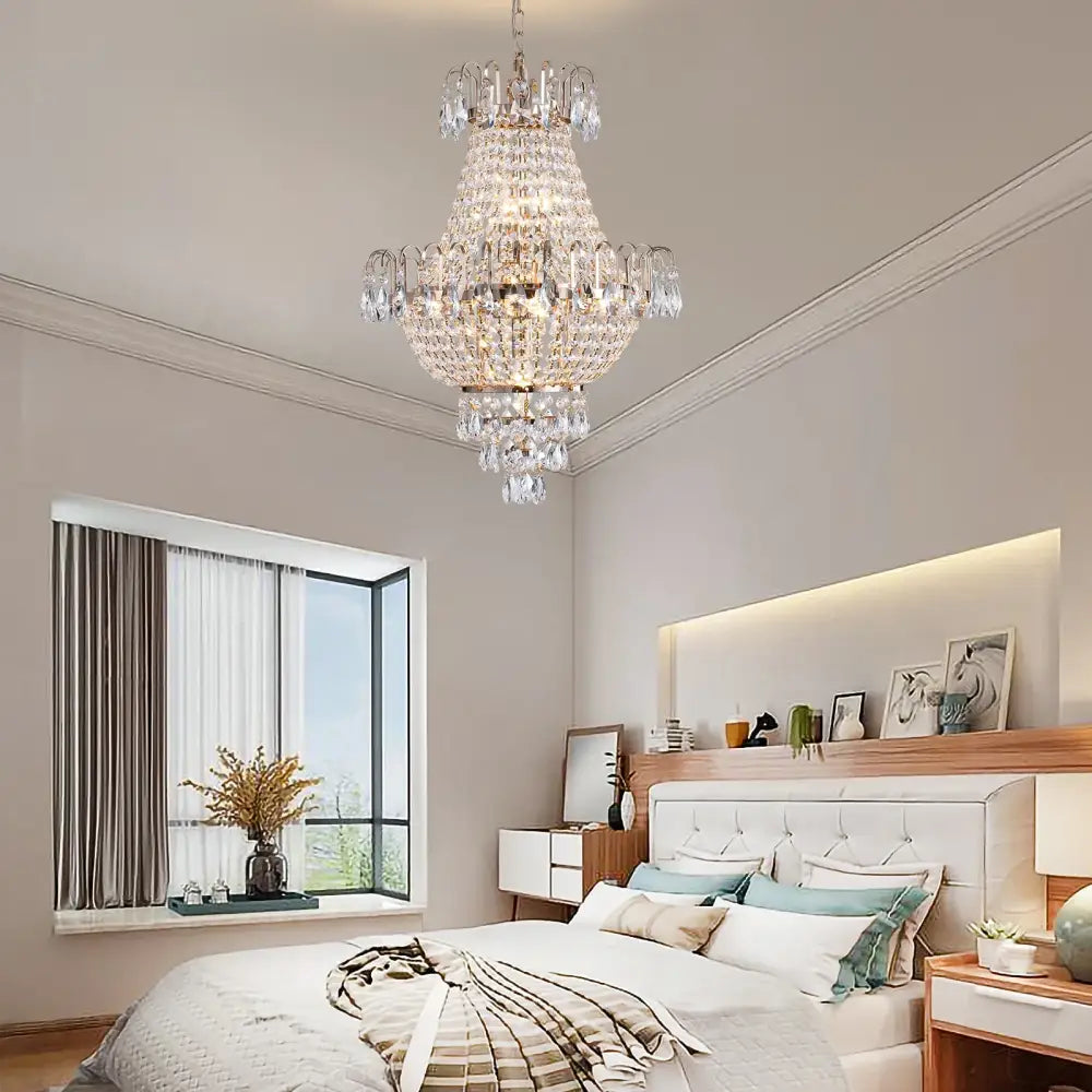 DecorBites luxury retro crystal chandelier with copper color metal frame and clear faceted glass elements hanging from ceiling