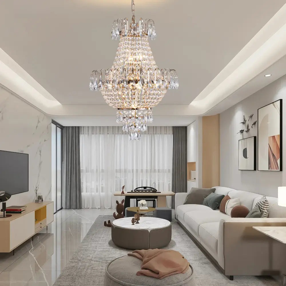 DecorBites™ luxury retro crystal chandelier with copper color metal frame and clear faceted crystals hanging from ceiling