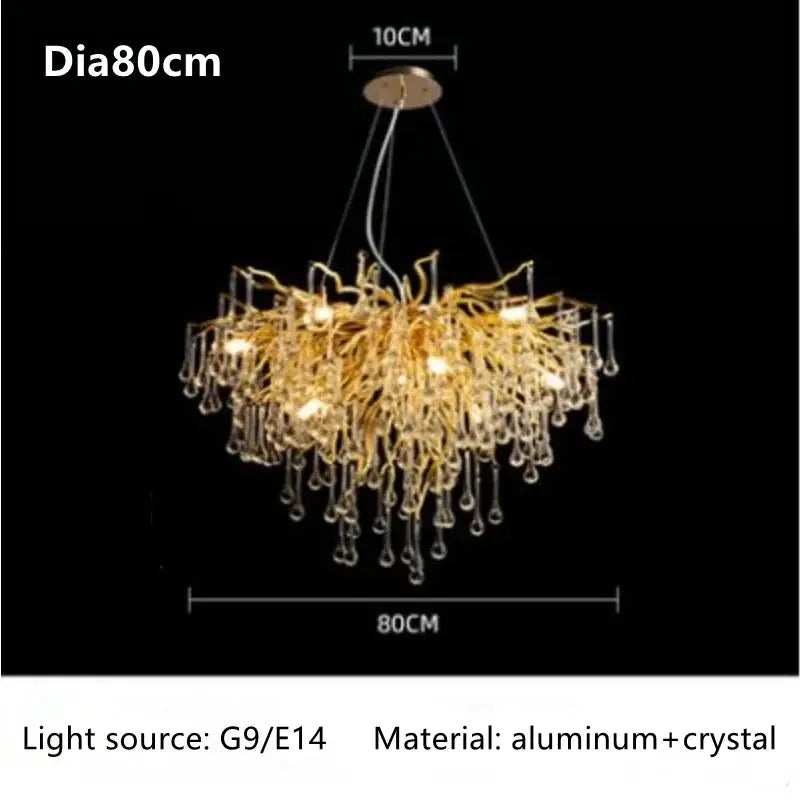 Gold-toned luxury crystal chandelier by DecorBites featuring intricate aluminum branches and dangling crystal droplets