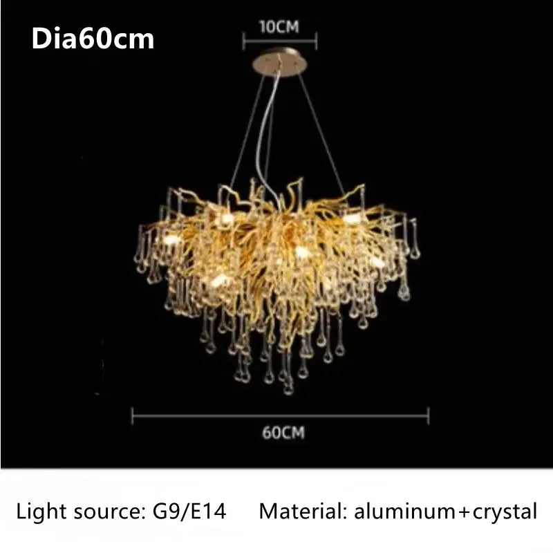 Gold-toned decorbites™ luxury crystal chandelier with intricate aluminum branch arms and dangling crystal droplets for home decor