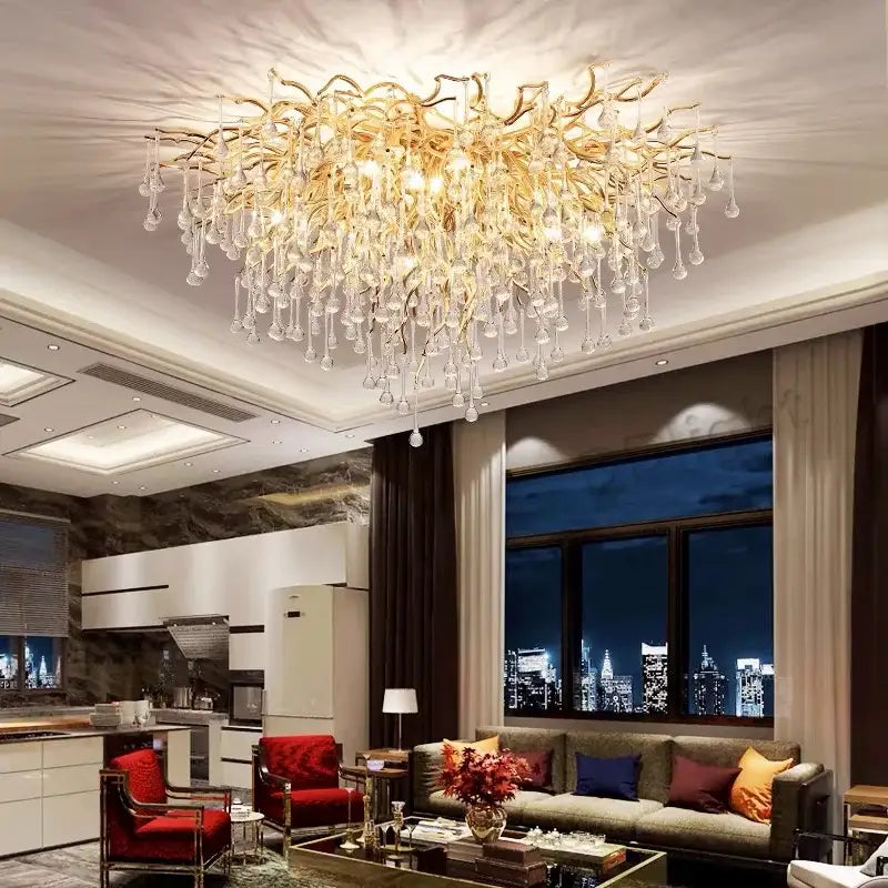 DecorBites luxury crystal chandelier with gold-toned branching arms and dangling crystal droplets for home decor