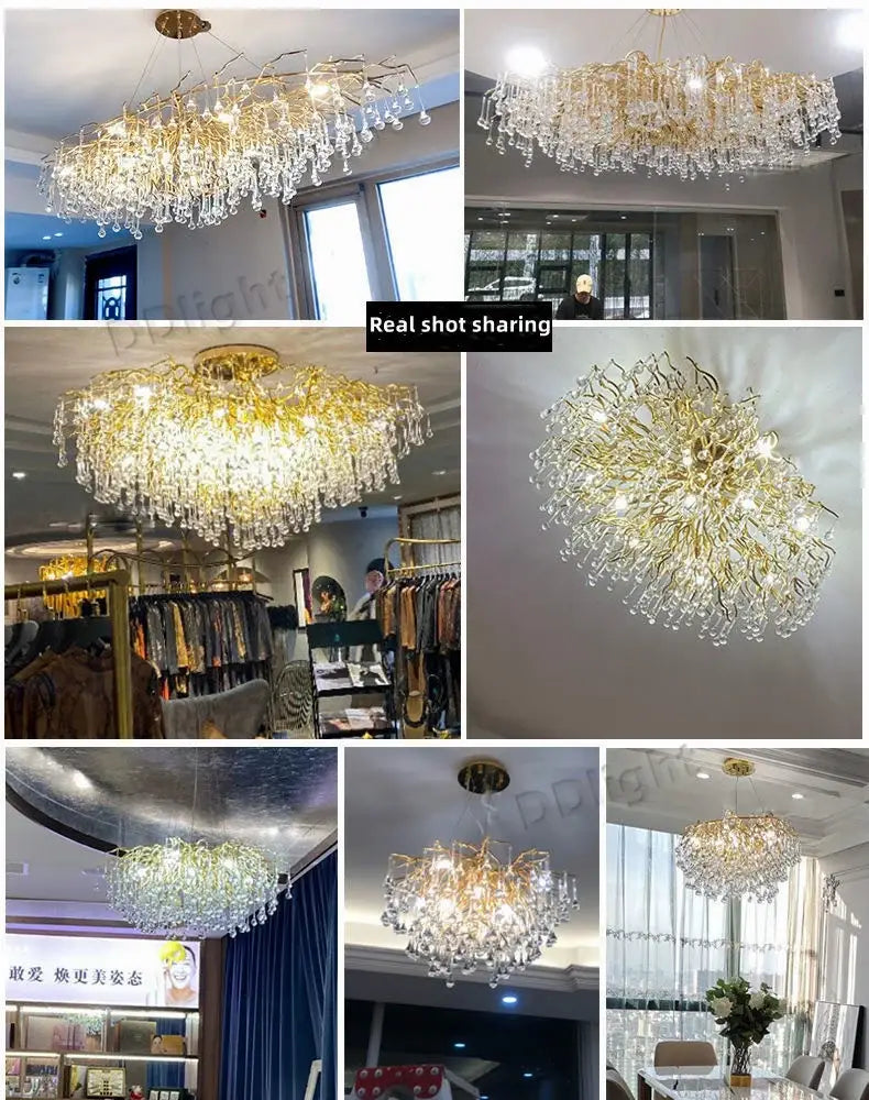 DecorBites luxury crystal chandelier with gold finish and cascading crystal droplets for elegant home decor