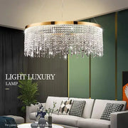 Decorbites™ luxury crystal chandelier pendant light fixture with gold-toned frame and cascading clear crystals