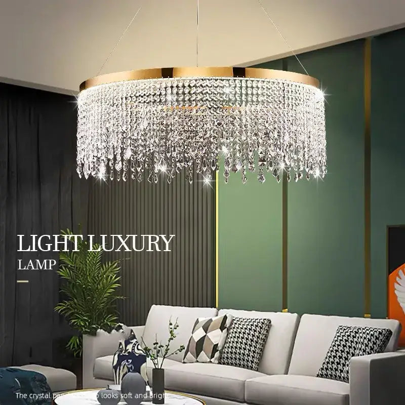 Decorbites™ luxury crystal chandelier pendant light fixture with gold-toned frame and cascading clear crystals